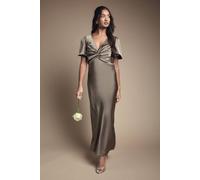 Oasis By Coast Satin Twist Front Angel Sleeve Midi Bridesmaid Dress In Olive olive 16