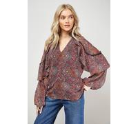 Oasis Cape Detail Trim Balloon Sleeve Boho Blouse multi 8