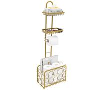 Oasis Creations Toilet Paper Holder Tissue Rack Stand with Magazine Toilet Roll Storage Basket- Freestanding, Gold Metal