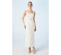 Oasis Cross Back Column Jacquard Wedding Dress With Bow Midi Detail In Ivory ivory 8