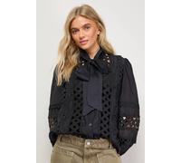 Oasis Cut Out Trim Detail Tie Neck Button Down Blouse In Black black