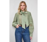 Oasis Cut Out Trim Detail Tie Neck Button Down Blouse In Khaki khaki