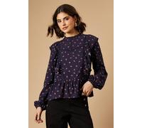 Oasis Ditsy Printed Ruffle Lace Trim Top In Navy navy 10