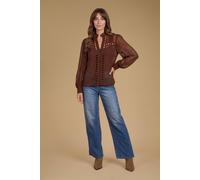 Oasis Women's Dobby Chiffon Trim Detail Button Down Blouse in Chocolate | Size: 14