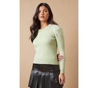Oasis Embellished Neck Ribbed Puff Sleeve Knitted Top In Sage sage L