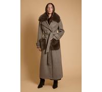 Oasis Women's Faux Fur Collar Wrap Coat with Statement Fur Pockets in Mushroom | Size: 8
