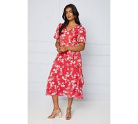 Oasis Floral Dobby Lace Trim Ruffle Midi Dress In Red red 10