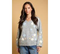 Oasis Women's Floral Embroidered V Neck Knitted Jumper in Grey | Size: XS