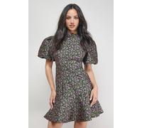 Oasis Floral Jacquard High Neck Puff Sleeve Peplum Mini Dress In Black black 8