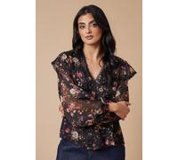 Oasis Floral Metallic Chiffon Lace Trim Ruffle Sleeve Blouse In True Black true black 8