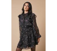 Oasis Floral Metallic Chiffon Shirred Mini Dress In True Black true black 8