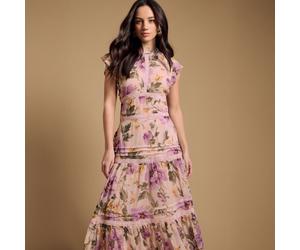 Oasis Floral Printed Chiffon Lace Insert Dress GREEN SIZE 10