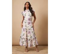 Oasis Floral Printed Chiffon Lace Insert Dress In Green green 14