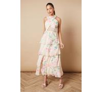 Oasis Floral Printed Halter Neck Chiffon Tiered Maxi Dress In Ivory ivory 14