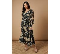 Oasis Floral Printed Ruffle Detail Shirred Waist Midaxi Dress, 10, Black