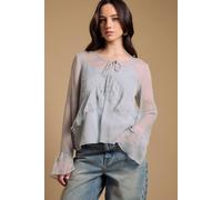 Oasis Fluted Sleeve Lace Trim Blouse In Baby Blue baby blue 14