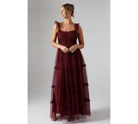 Oasis Flutter Sleeve Tiered Mesh Bridesmaid Dress In Berry berry 12
