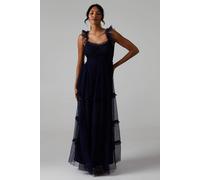 Oasis Flutter Sleeve Tiered Mesh Bridesmaid Dress In Navy navy 10