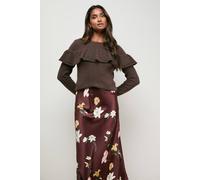 Oasis Women's Frill Yoke Detail Pointelle Jumper in Mocha | Size: Small Oasis Mocha S