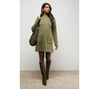 Oasis Fringe Detail Crew Neck Mini Dress In Khaki