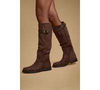 Oasis Gorgia High Leg Faux Suede Low Block Heel Boots In Chocolate chocolate