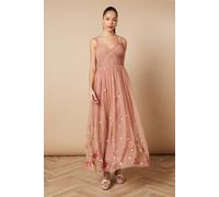 Oasis Hand Embellished Floral Detail Tulle Midi Dress In Dusky Pink dusky pink 10