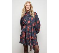 Oasis High Neck Printed Long Sleeve Mini Dress With Belt In Floral floral 12