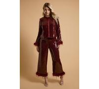 Oasis Women's High Waisted Sequin Feather Trim Trouser in Merlot | Size: 18