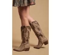 Oasis Jessie Faux Suede & Leather Western Cowboy Calf Boots In Beige beige 3