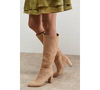 Oasis Kora Faux Suede High Block Heel Pointed Knee Boots In Beige beige