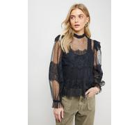 Oasis Lace Frill Detail High Neck Sheer Blouse In Black black 6