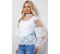 Oasis Lace Frill Detail High Neck Sheer Blouse In Ivory ivory