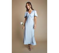 Oasis Women's Light Blue Satin Twist Front Angel Sleeve Midi Bridesmaid Dress | Size: 6