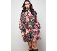 Oasis Long Sleeve Button Up Collar Detail Mini Dress In Animal animal