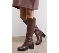 Oasis Marina Faux Leather Round Toe Platform High Block Heel Knee Boot In Brown brown 3