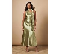 Oasis Metallic Satin Tie Neck Dress In Olive olive 14