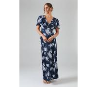 Oasis Midnight Bloom Printed Satin Twist Front Angel Sleeve Maxi Bridesmaid Dress In Navy navy