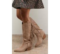 Oasis Myra Faux Suede Fringe Detail Western Cowboy Calf Boots In Taupe taupe 3