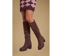 Oasis Women's Naya Faux Suede Medium Block Heel High Leg Boots in Chocolate | Size: 7