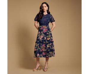 Oasis Occasion Floral Lace Bodice Pleated Midi Dress Petite NAVY SIZE 10