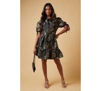 Oasis Occasion Metallic Jacquard Velvet Trim Smock Dress In Chartreuse chartreuse 6