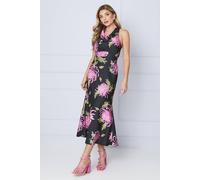 Oasis Occasion Petite Floral Satin Cross Back Midi Dress In Black black 14