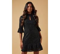 Oasis Occasion Sequin Lace High Neck Keyhole Mini Dress In True Black true black 8