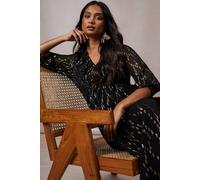 Oasis Occasion Shirred Ruffle Metallic Midi Dress In Black black 8