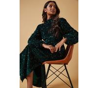 Oasis Occasion Velvet Sequin High Neck Midi Dress In Green green 14