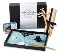 Oasis of Calm Zen Garden Kit. 11x8 Beautiful Premium Japanese Mini Rock Garden Meditation Gift Set for Home & Office Desk Accessories. Zen Aqua Sand, 6 Tool, 6 Features. Mindfulness Gifts Decor Women