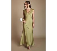 Oasis Women's Olive Satin Open Back Detail Maxi Bridesmaid Dress | Size: 16