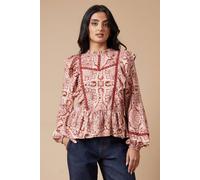 Oasis Paisley Printed Ruffle Lace Trim Top In Rust rust 8