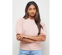 Oasis Pearl Embellished Crew Neck Puff Sleeve Knit Top In Rose rose S