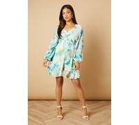 Oasis Petite Blurred Floral Corsage Tiered Mini Dress In Blue blue 10